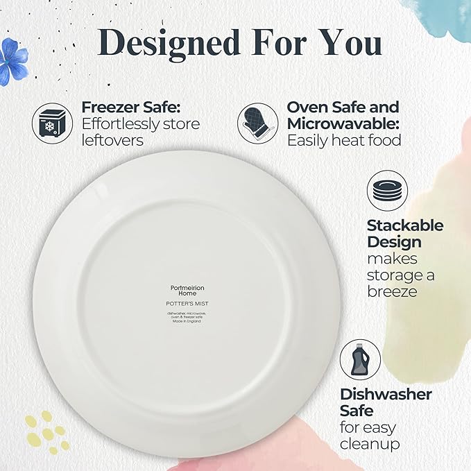 Portmeirion Potter's Mist 8" Dinner Plate (Set of 4) - Handcrafted Earthenware Plates with Accent Rim, Microwave & Dishwasher Safe - Ideal Tableware for Modern & Traditional Dining (Grey Mist)