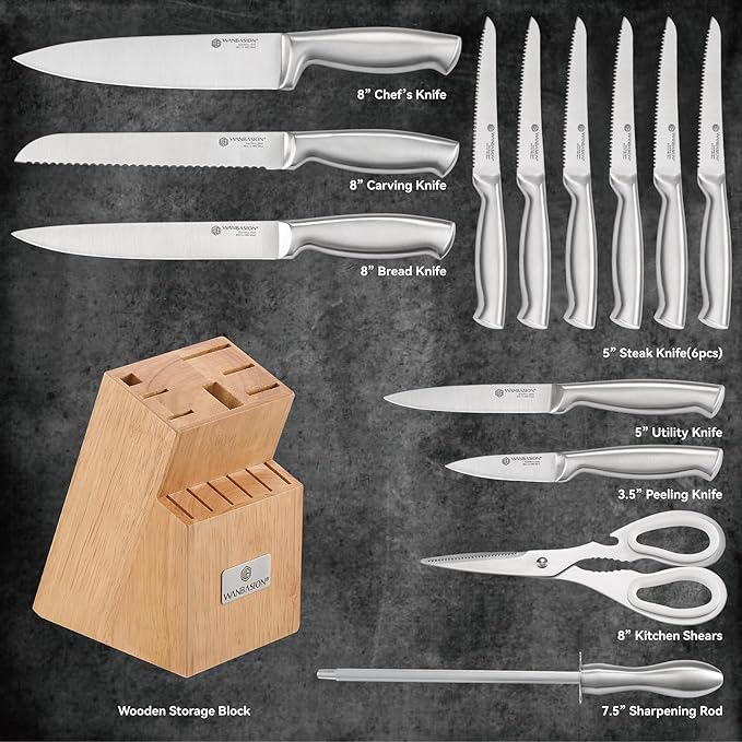 Wanbasion 14Pcs Kitchen Knife Block Set with Sharpener, Sharp Kitchen Knives Set with Block, Stainless Steel Knife Set with Block Dishwasher Safe Silver