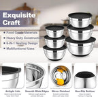 TeamFar Mixing Bowls, 6 PCS Stainless Steel Nesting Salad Bowl with Lids & 3 Graters, For Kitchen Cooking Serving Prepping, Airtight & Non-Slip, Size 4.6/3.5/2/1.5/1/0.7 QT, Black