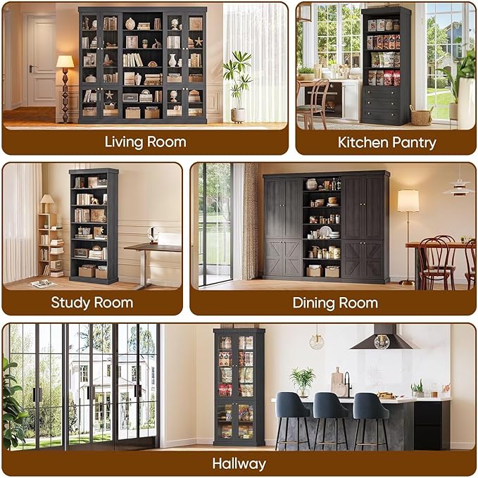 70.8" Tall Bookshelf with Doors, Farmhouse Modular Bookcase with 4-Tier Adjustable Shelves, Large Storage Cabinet for Home Office, Living Room, Black, Set of 2