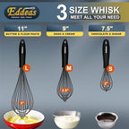 Silicone Whisk, Eddeas Stainless Steel & Silicone Non-Stick Coated Whisks set of 3-Heat Resistant Kitchen Whisks, Balloon Egg Beater Perfect for Blending, Whisking, Beating & Stirring, Black