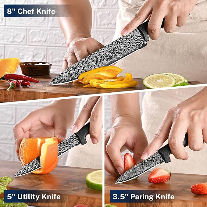 Kitchen Knife Set with Cover 3 Pcs, Black Chef Knife Set for Cooking, Sharp Kitchen Knives with Sheath, 8'' Chef Knife, 5'' Utility, 3.5'' Paring, Damascus Pattern Kitchen Knife for Cutting