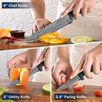 Kitchen Knife Set with Cover 3 Pcs, Black Chef Knife Set for Cooking, Sharp Kitchen Knives with Sheath, 8'' Chef Knife, 5'' Utility, 3.5'' Paring, Damascus Pattern Kitchen Knife for Cutting