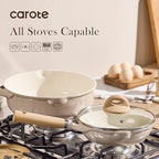 CAROTE 8" Ceramic Frying Pan with Lid, Non Stick Frying Pan Skillet Chef's Pan, Healthy & PFOA/PFAS Free, Induction-Compatible, Taupe