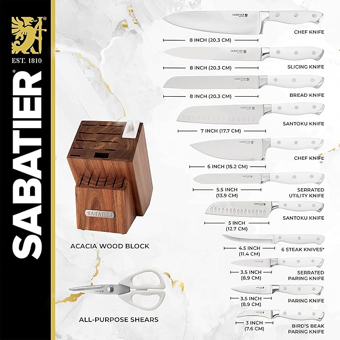 Sabatier Forged Triple Rivet Built-In Edgekeeper Sharpener, 18-Pieces, High-Carbon Stainless Steel Kitchen Knives, Razor-Sharp Knife set with Acacia Wood Block, White