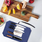 HERSENT A Chef's Knife Roll Bag - Portable Travel Chef Knife Case Carrier Holder Storage Bag With 4 Slots Best Gift For Pro Chef Or Culinary Enthusiasts Men Women HGJ03-P (Navy Blue)