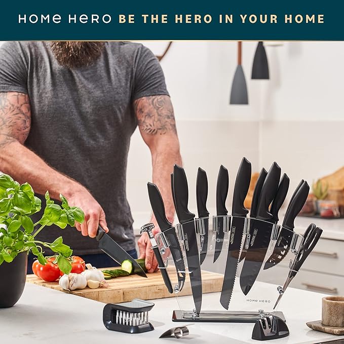 Home Hero Kitchen Knife Set - High Carbon Stainless Steel Blades & Built-In Sharpener - Ergonomic Handles & Cutlery Block Storage - Precision Cooking Prep with Chef Knife - 20 Pc, Black
