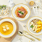 BESTVIP 100 Pack Plastic Bowls with Gold Rim, 12 oz Disposable Soup Bowls, Heavy-duty Dessert Salad Bowl for Party, Wedding, Christmas, Thanksgiving, Dinner, Catering