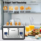 Toaster 4 Slice, Bagel Stainless Toaster with LCD Timer, Extra Wide Slots, Dual Screen, Removal Crumb Tray (Gray)