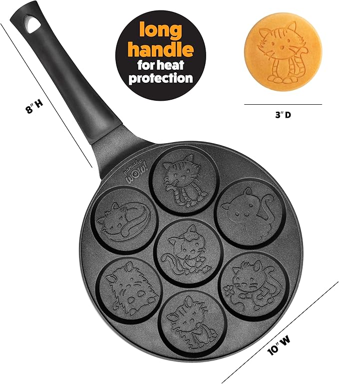 Kitty Friends Mini Pancake Pan - Make 7 Unique Flapjack Cat Designs, Nonstick Pan Cake Maker Griddle w Long Handle for Breakfast Animal Kitten Fun & Easy Cleanup, Fun Xmas Gift for Kids, Party Treat