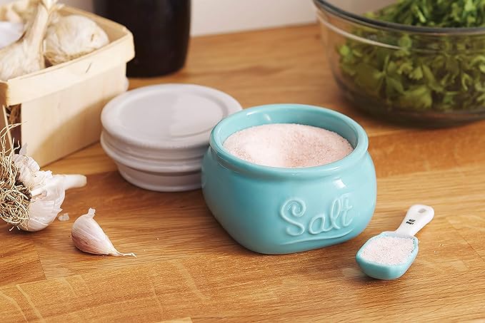 Fox Run Vintage Style Mason Jar Salt Cellar, Blue Ceramic with White Lid, 1 Cup Capacity