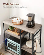 VASAGLE ALINRU Kitchen Baker’s Rack, Coffee Bar, Microwave Oven Stand, with Steel Frame, Wire Basket, 6 Hooks, for Mini Oven, Spices Utensils, Industrial, Greige and Black UKKS090B02