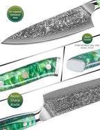 Chef Cooking Knives Set- Kitchen Knife Set of 5 Piece - Ultra-Sharp VG10 Damascus Steel & Resin Handle - Xuan Series (Jade Green)