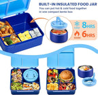 Bento Lunch Box for Kids with 8oz Soup Thermo,Kids Leakproof Lunch Food Containers with 4 Compartment,Kid Insulated Thermo Hot Food Jar for School,Trvael-Blue