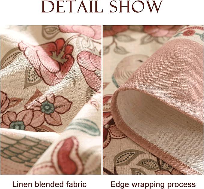 patdrea Designer Pink Linen Table Cloth for Rectangle Table,Vintage Floral with Birds Pattern Decorative Tablcloth,French Table Cover for Kitchen Dining,Thanksgiving,Christmas,55"x79"-Kulom a