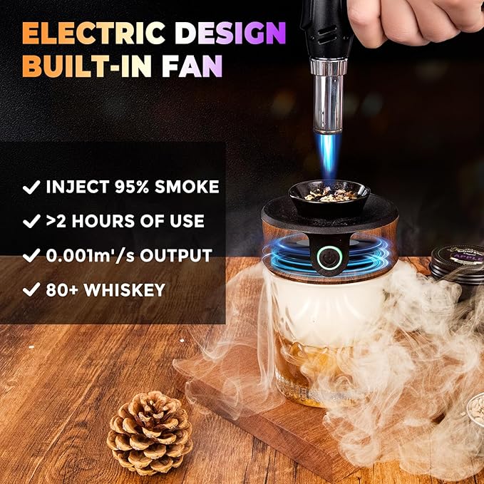 Electric Whiskey Smoker Kit, Luxurious Wooden Box, Heartfelt Father's Day Gifts, with 4 Wood Chips, Torch, Ice Molds, Recipe, Stones, Old Fashioned Bourbon Cocktails Smoker, Gifts for Men (No Butane)