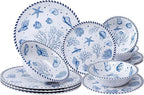 LEHAHA 12-Piece Coastal Melamine Dinnerware Set Service for 4, Unbreakable & Lightweight Round Plates and Bowls Set, Outdoor Dish Set for Patio, Camper, RV, Indoor Outdoor Use with Ocean Printed
