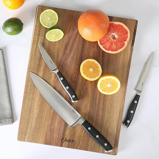 Oster Ginley 3 Piece High Carbon Stainless Steel Cutlery Set w/ABS Triple Riveted Forged Handle (Chef, Utility, Pairing Knife)