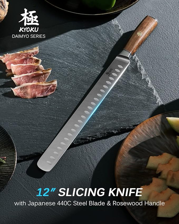 KYOKU 12" Slicing Knife, Daimyo Series Brisket Knife for Meat Cutting with Rosewood Handle, Japanese 440C Stainless Steel Meat Carving Knife for BBQ Brisket Turkey Ham Rib Roast with Sheath and Case