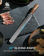 KYOKU 12" Slicing Knife, Daimyo Series Brisket Knife for Meat Cutting with Rosewood Handle, Japanese 440C Stainless Steel Meat Carving Knife for BBQ Brisket Turkey Ham Rib Roast with Sheath and Case