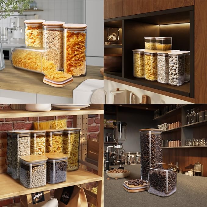 Square Glass Jars with Bamboo Lids 79 FL OZ [Set of 3], Glass Canisters with Airtight Lid, Glass Food Storage Containers for Spaghetti, Fettuccine, Linguine,Pasta, Best for Kitchen & Pantry