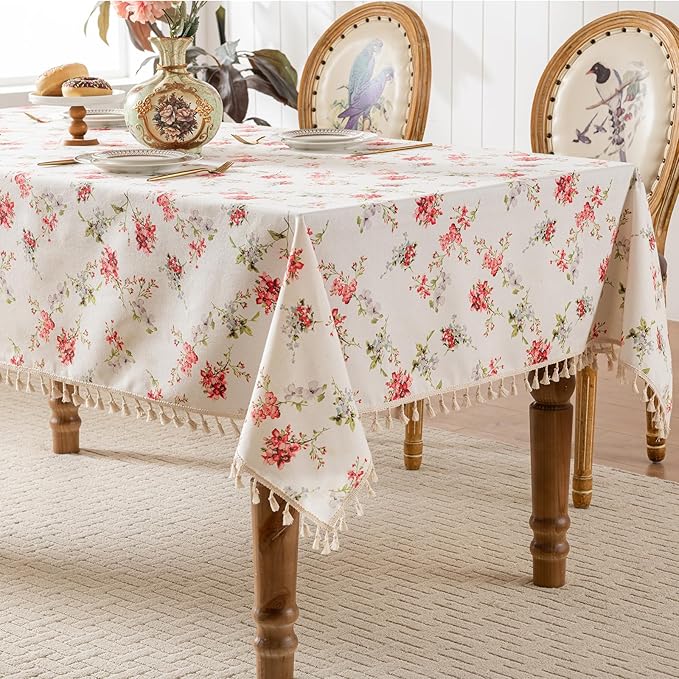 Round Tablecloth Pastoral Style, Waterproof & Stain Resistant Table Cloth Wrinkle Free Table Cover for Dining/Kitchen/Patio, Washable Indoor & Outdoor Use, 55"X55" Red