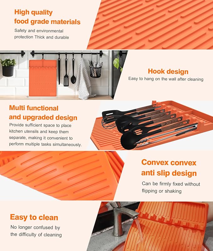 Silicone Griddle Tools Mat for Blackstone - Large Silicone Spatula Mat with Drip Pad - Griddle Mats BBQ Grill Accessories - Side Shelf Mats Grill Pad for Blackstone Griddles Accessories(Orange)
