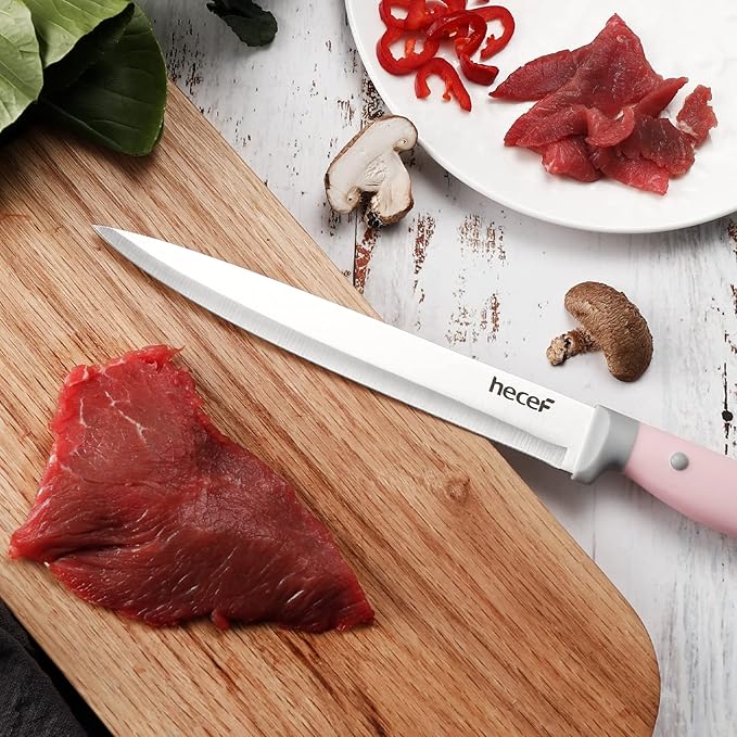 hecef Kitchen Knife Block Set, 14 Pieces Knife Set with Wooden Block & Sharpener Steel & All-purpose Scissors, High Carbon Stainless Steel Cutlery Set (Pink)