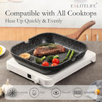 ESLITE LIFE 9.5 Inch Nonstick Grill Pan with Lid for Indoor Cooking, Versatile Induction Square Large Grilling Skillet Steak Pan for Stove Tops, PTFE & PFOA Free, Black