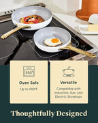 Caraway Ceramic Nonstick Fry Pan Set with Glass Lids – Includes Two 10.5” Fry Pans, One 8” Fry Pan, & Three Lids - Non Toxic, PTFE & PFOA Free - Oven Safe & Compatible with All Stovetops - Cream
