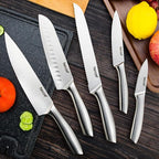 hecef Silver Kitchen knife set of 5, Satin Finish Blade with Hollow Handle, includes 8" Chef, 8" Bread, 8" Santoku, 5" Utility and 3.5" paring knife