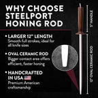 STEELPORT 12 inch Oval Ceramic Honing Rod | Professional Knife Sharpener Rod with Oregon Black Walnut Handle, Safety Guard | Premium Serrated Blade Sharpener For All Knife Types