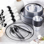 Goodluck 175 Piece Black Plastic Dinnerware Set for Party, Clear Disposable Plates for 25 Guests, Include: 25 Dinner Plastic Plates, 25 Dessert Plates, 25 Pre Rolled Napkins with Cutlery Set, 25 Cups