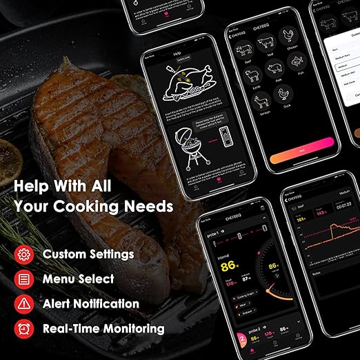 Wireless Meat Thermometer, 800FT Bluetooth Cooking Thermometer, 2 Ultra-Thin Probes, LCD Display, Digital Food Thermometer for Grill, BBQ, Smoker, Air Fryer, Rotisserie