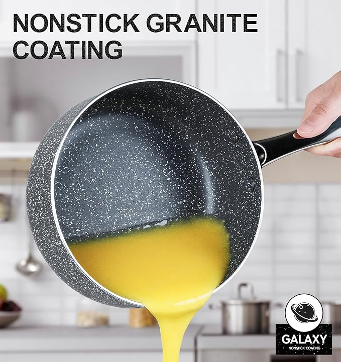 MICHELANGELO Sauce Pan with Lid, Granite Saucepans with Lids, 1Qt & 2Qt & 3Qt Sauce Pan Sets, Nonstick Saucepan Set with Stainless Steel Handle, Oven Safe, Grey