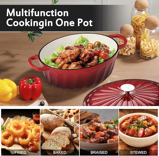 Enameled Oval Dutch Oven Pot with Lid, 7 QT Cast Iron Dutch Oven with Dual Handles for Cooking, Bread Baking, Frying, Non-stick Enamel Coated Oven (7 QT Gradient Red)