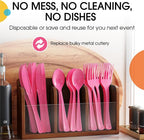 Party Solids Hot Pink Plastic Silverware Heavy Duty 150 Pieces Hot Pink Plastic Cutlery Sets, Utensil Sets, 50 Of Each Forks, Knives & Spoons Disposable Cutlery Set, Flatware Set For Party Supplies