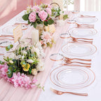 bUCLA 300PCS Clear Rose Gold Plastic Dinnerware - Rose Gold Disposable Dinnerware Set Include 50 Dinner Plates,50 Dessert Plates,50 Knives,50 Forks,50 Spoons,50 Cups for Party, Wedding & Mother’s Day