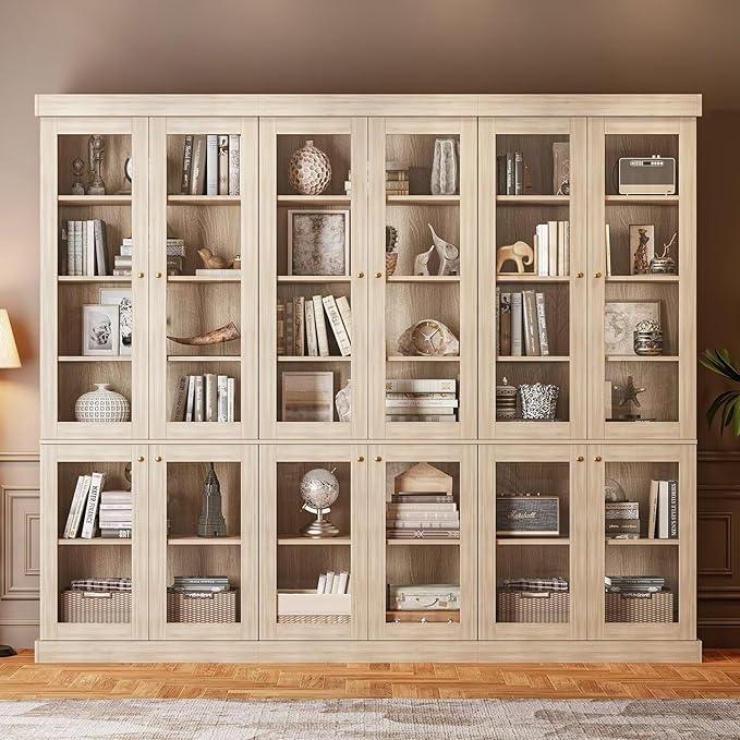 70.8" Tall Brown Bookshelf with Glass Doors, Farmhouse Modular Bookcase with 6-Tier Adjustable Shelves, Large Storage Cabinet for Home Office, Living Room, Set of 3