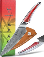 5 inch Utility Knife, Japanese VG-10 Damascus Steel Kitchen Knife, Ultra Sharp Fruit Knife with Full-tang Handle in Red Resin, LA-S9 Series