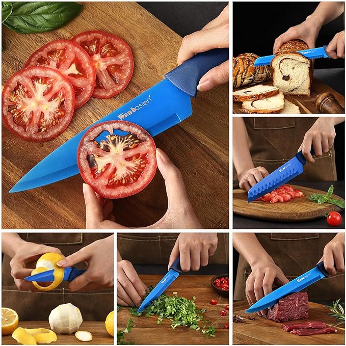 Wanbasion Blue Stainless Steel Knife Set, Sharp Kitchen Knife Set Professional, Kitchen Knife Set Dishwasher Safe with Covers for Cooking