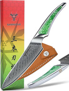 5 inch Utility Knife, Japanese VG-10 Damascus Steel Kitchen Knife, Ultra Sharp Fruit Knife with Full-tang Handle in Green Resin, LA-S9 Series