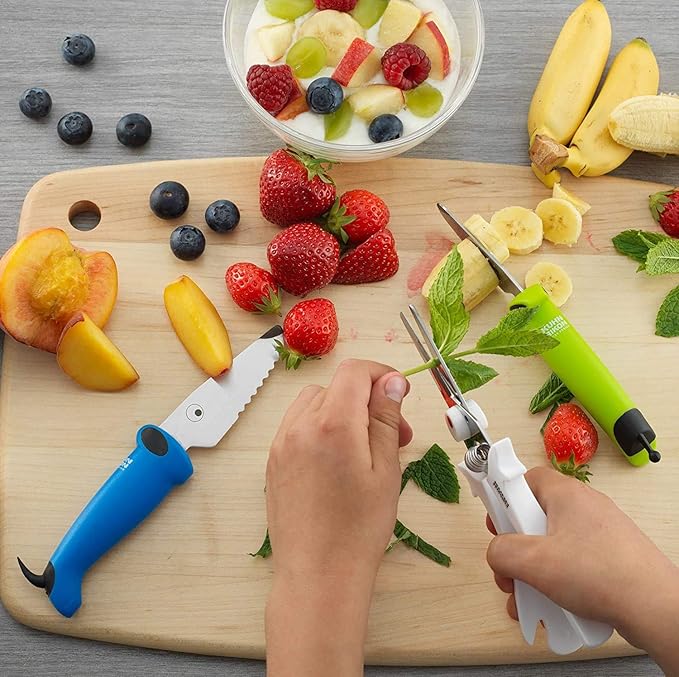 Kuhn Rikon Kinderkitchen® Kids Chef Knife Set With Scissors, 3 Pieces, Green/Blue/White| Cutting Tools Made for Real Cooking | Child Friendly Animal Designs With Hand Guard & Snipper Cover For Safety