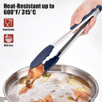 Doosu Kitchen Tongs for Cooking - 600°F Heat Resistant Food Tong Set with Non-Scratch Silicone Tips, Heavy Duty Stainless Steel Locking Tong for BBQ, Grilling Steak, Serving (7+9+12in, Navy Blue)