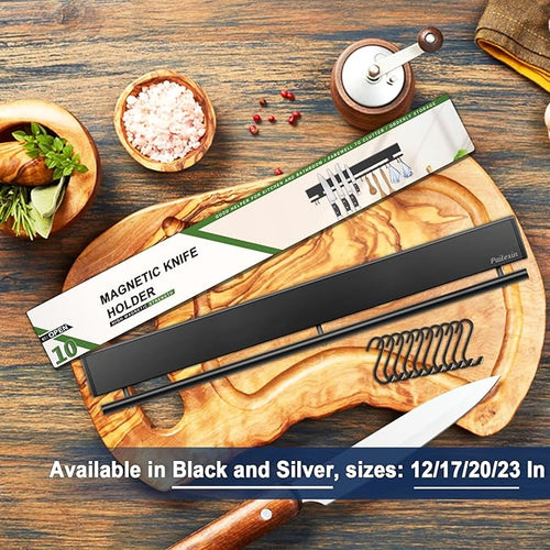 20 inch magnetic knife holder with 10 hooks, No Drilling black knife magnetic strip and utensil hanger for wall, Powerful knife magnet rack include tape and screws