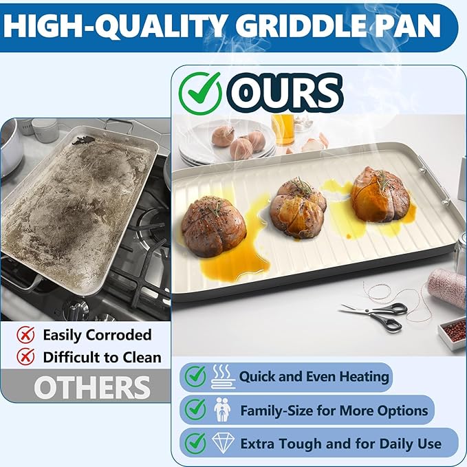 SafBbcue 20" x 13" Ridged Surface Griddle Pan, Double Burner Non-Stick Ceramic Coated, for Outdoor Gas Pellet Grill Stove Top, Oven & Broiler for Weber Charbroil Camp Chef Grill, Black