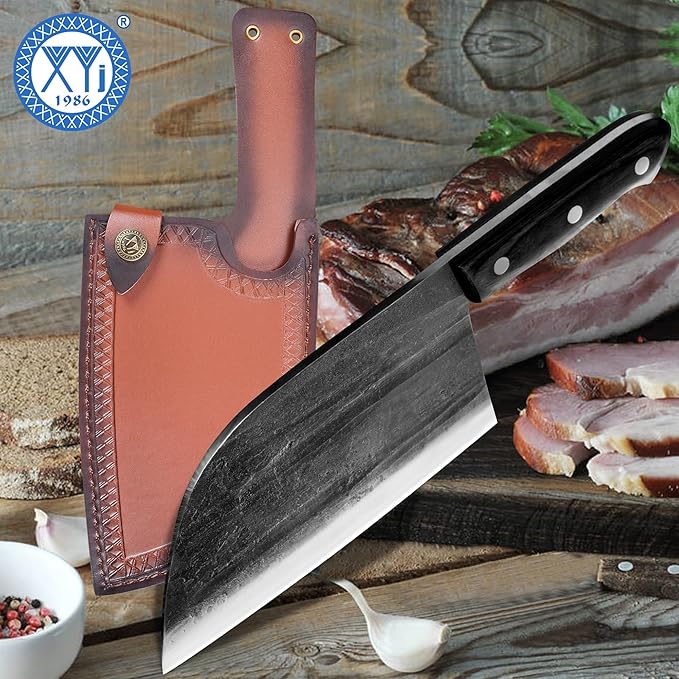 XYJ Authentic Since 1986,Outstanding Ancient Forging, 7.5 Inch Full Tang, Serbian Chefs knife,Chef Meat Cleaver,Kitchen Knives,Set with Leather Sheath,Take Carrying,Butcher