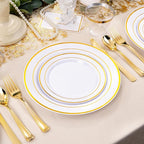 bUCLA 300PCS Gold Disposable Dinnerware Set - White and Gold Plastic Plates - Include 50 Each (Dinner&Dessert) Plates,50 Knives,50 Forks,50 Spoons,50 Cups for Party & Thanksgiving Table Decor