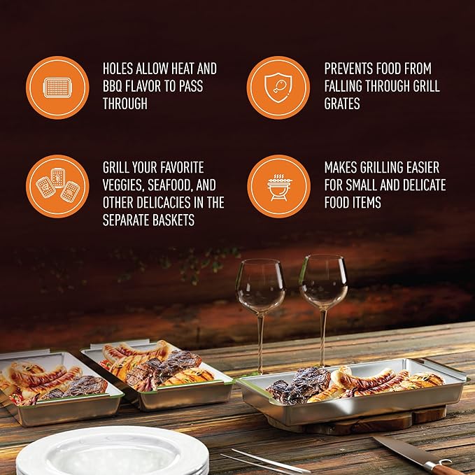 Yukon Glory Grill Basket Set, Stainless Steel BBQ 'N Serve 5-Piece with 3 Baskets, Removable Handle & Drip Tray for Vegetables, Fish, Shrimp