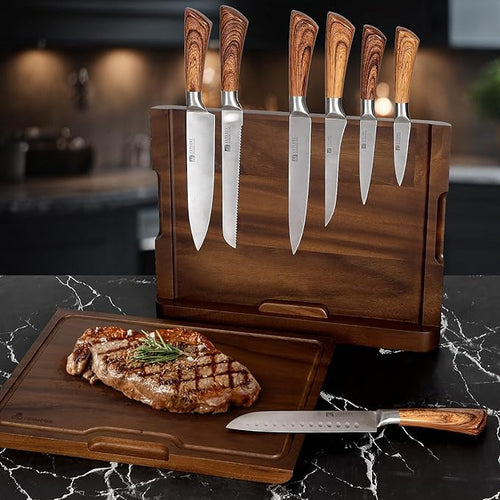 2-in-1 Wood Cutting Board with Magnetic Knife Holder - 16 x 11 Inch Rain Wood, Juice Grooves, Kitchen Organizer for Home Chefs